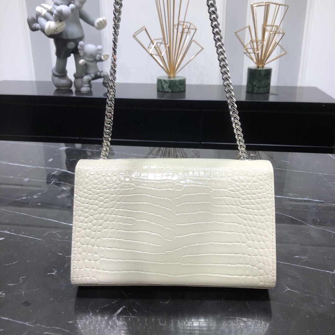 Saint Laurent Kate Tassel Small Crocodile Embossed Calfskin Shoulder Bag Handbag White 474366 Silver